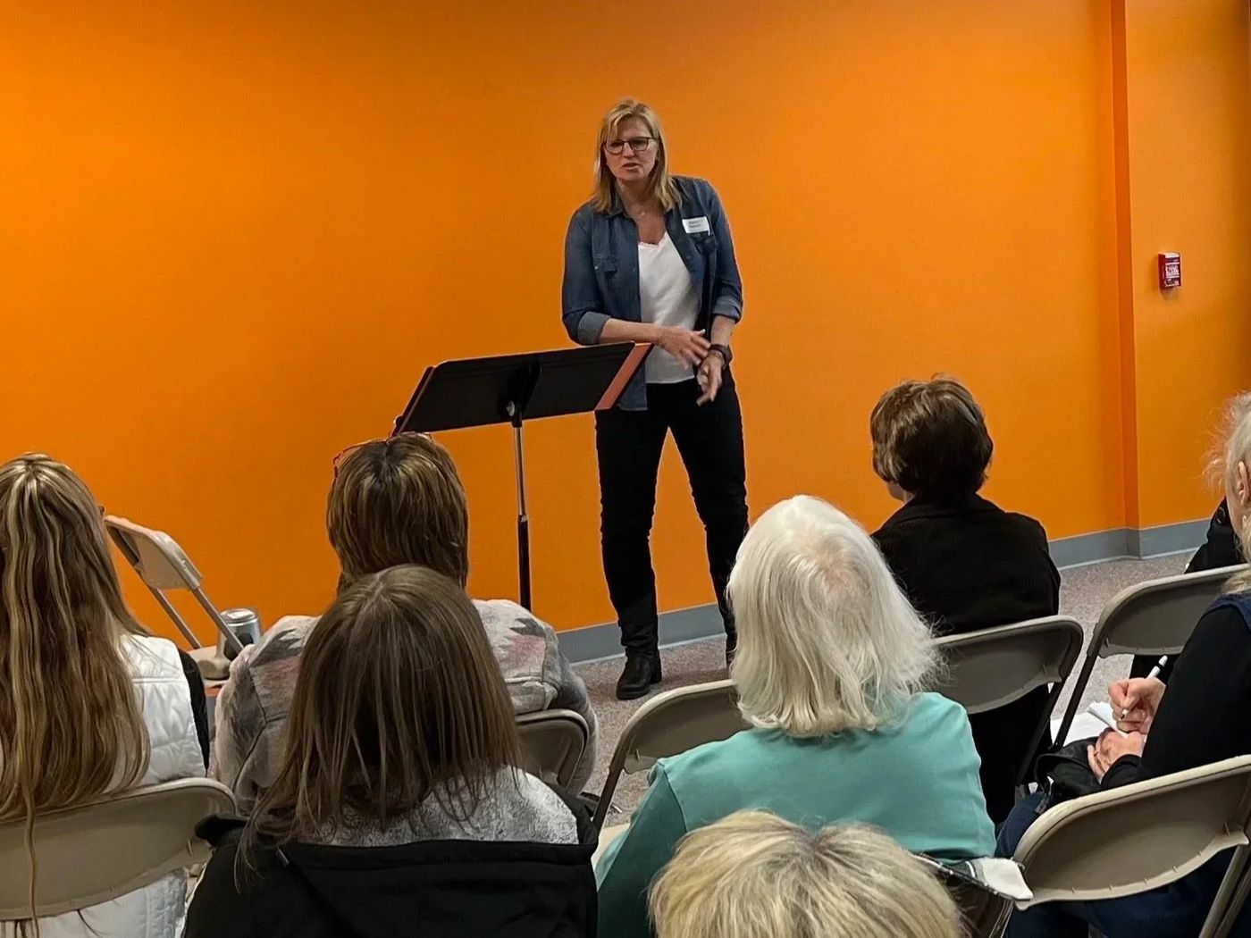 Robin speaking to a room of women seated in rows