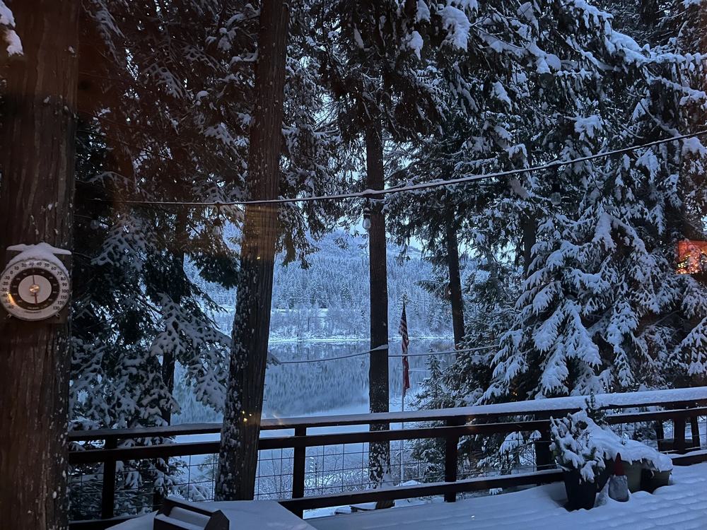 Snow on the cedars and deck railing above the Pend Oreille River